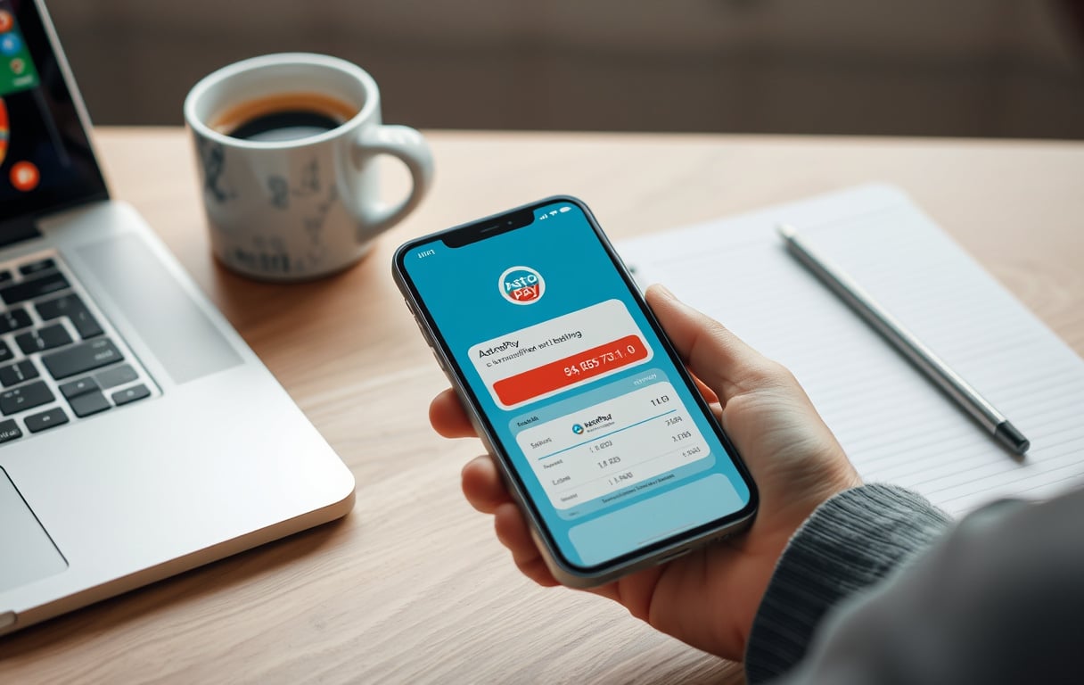 Mobiltelefon med AstroPay-app og laptop med casino-spill i bakgrunnen.