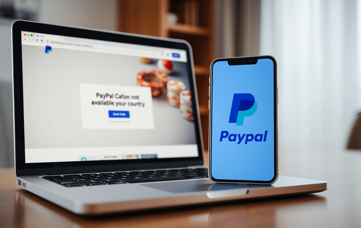 Smarttelefon med PayPal-logo ved siden av laptop med casino-side og feilmelding om at PayPal ikke er tilgjengelig i Norge.
