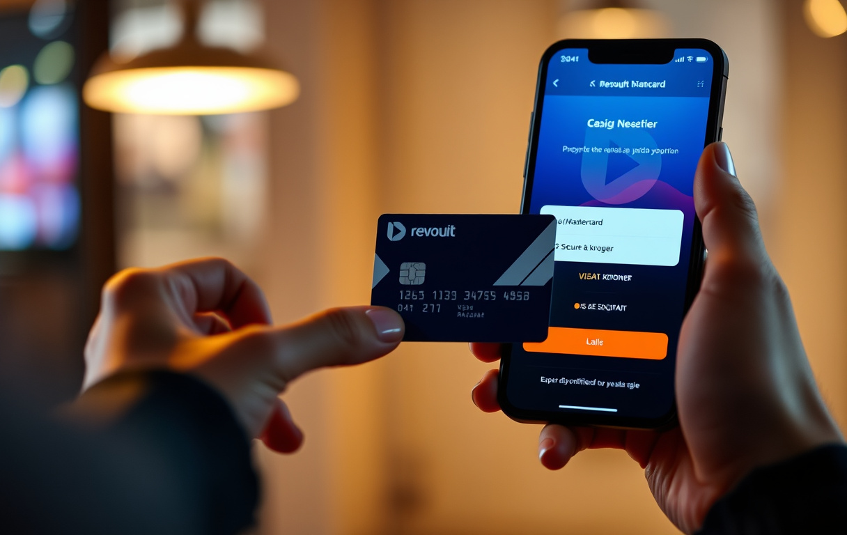En person med Revolut-kort og mobiltelefon som viser casinoets innskuddsside med Visa/Mastercard valgt.