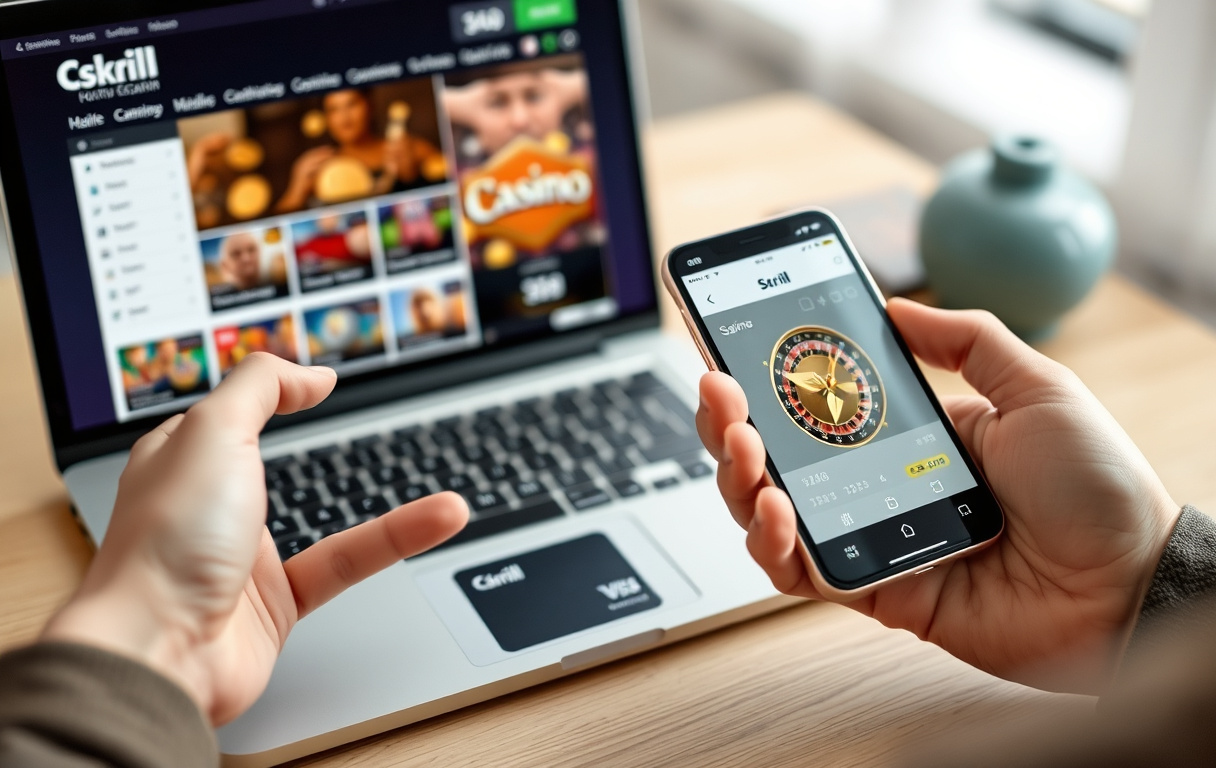 Person som overfører penger med Skrill på mobil til et casino.
