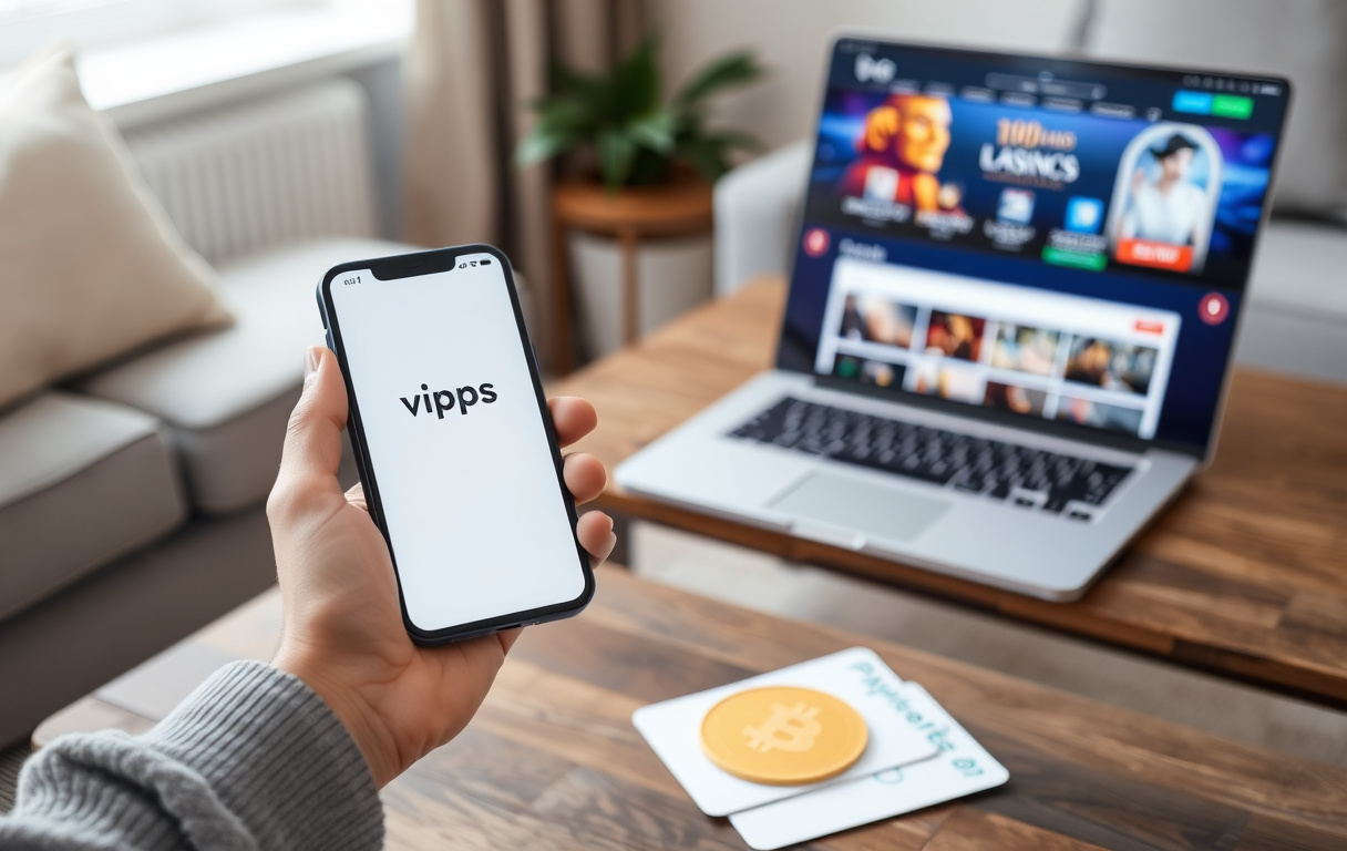 Person med Vipps på mobilen, Paysafecard og Bitcoin-symbol ved siden av en laptop med casino