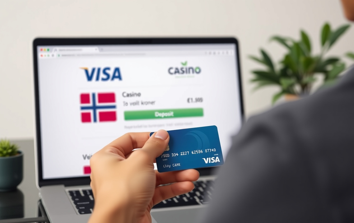Person med Visa-kort foran en laptop med casino-kasse og Visa-logo