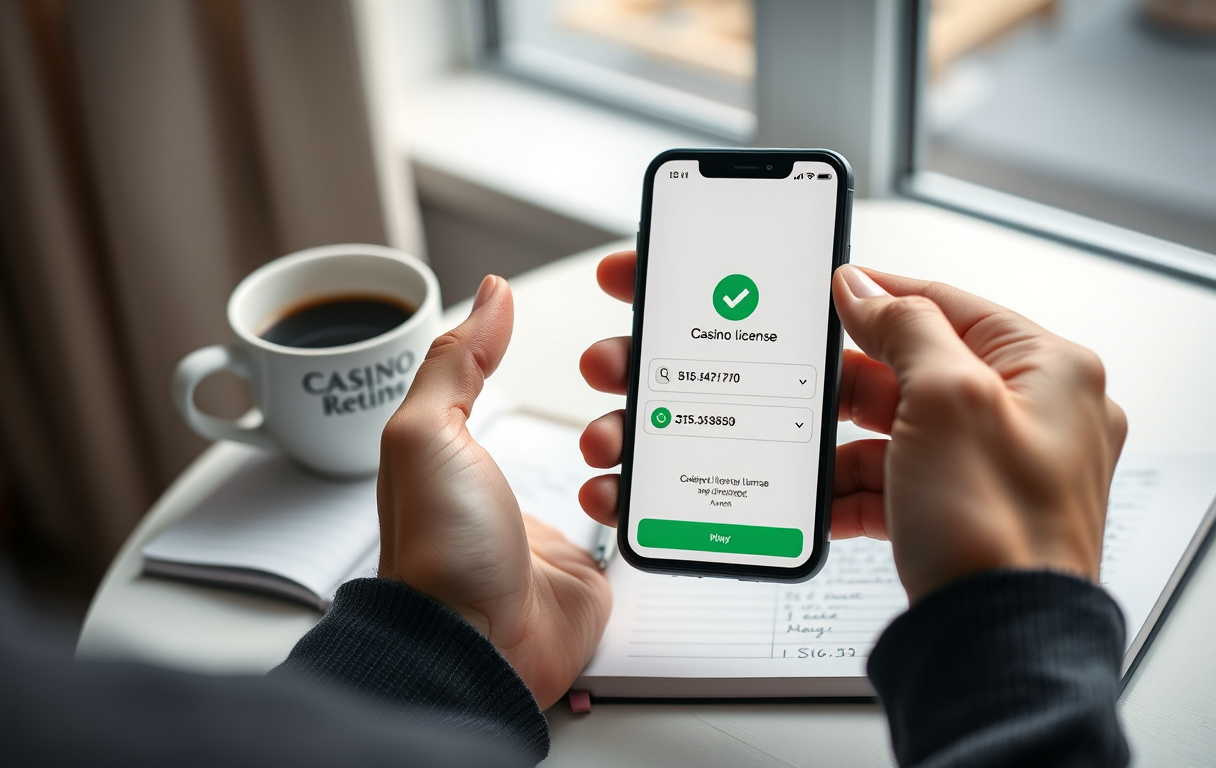 Person som sjekker casinolisens på mobiltelefon med notatblokk ved siden