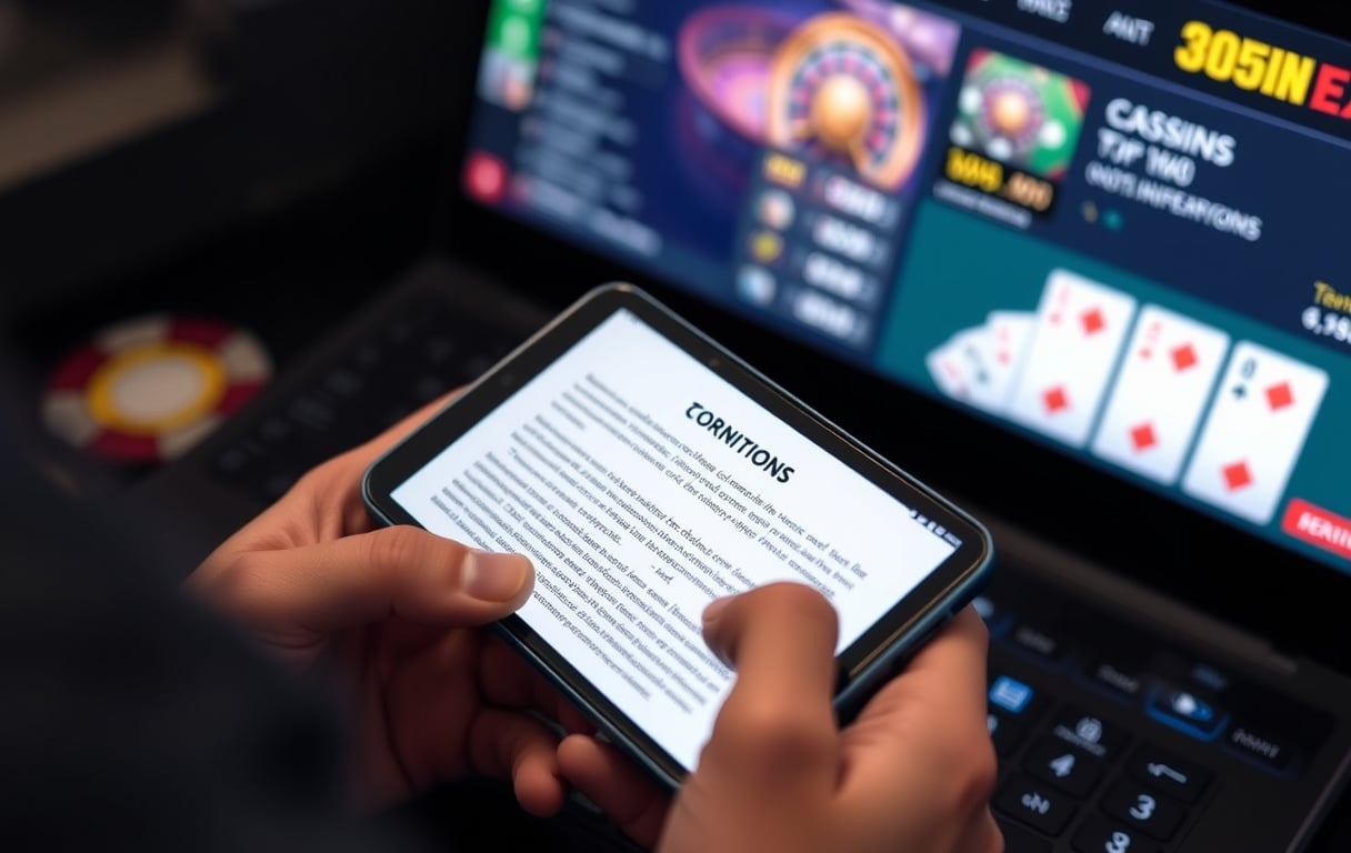 En person leser vilkår på en mobiltelefon, med et casino-grensesnitt i bakgrunnen.