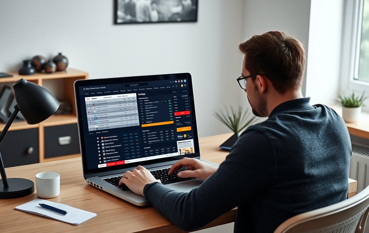 Person som sammenligner odds på flere bettingsider på en bærbar PC