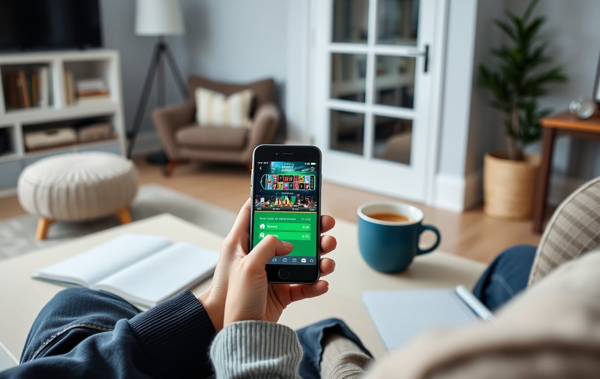 Person spiller mobilcasino i stuen med kaffe og notatblokk