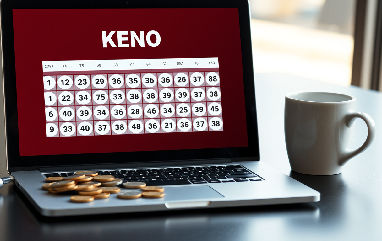 Keno-spill på laptop med norske mynter og kaffekopp på bordet.
