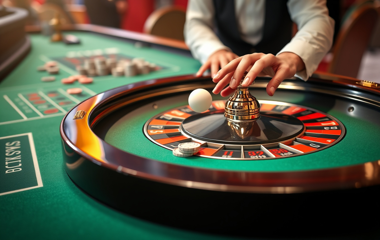 Rulettbord med snurrende hjul og croupier som slipper ballen, grønn filt og spillebrikker.